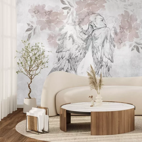 Fotobehang Delicate engelachtige vrouw met bloemen op een grijze textuur