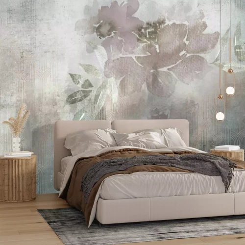 Fotobehang Bloemenwaterverf op ruw beton