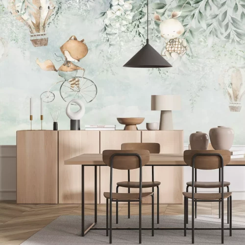 Fotobehang Kinderwaterverfpatroon met dieren en ballonnen