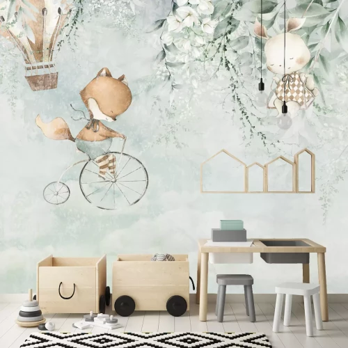 Fotobehang Kinderwaterverfpatroon met dieren en ballonnen