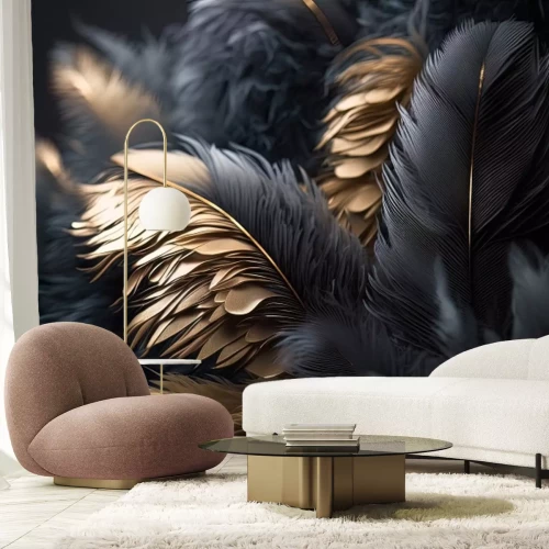 Fotobehang Abstracte zwarte en gouden 3D veren