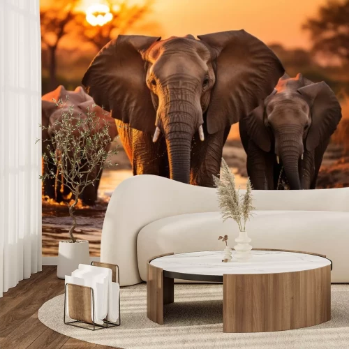 Fotobehang At sunrise, elephants congregate gracefully around a watering hole, silhouetted against the breathtaking canvas of the awakening savannah.