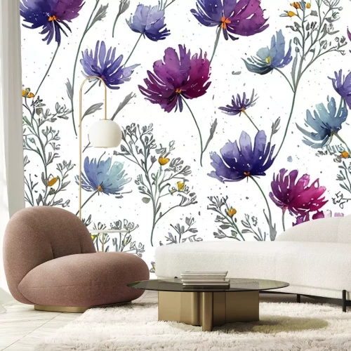 Fotobehang Bloemenpatroon in aquarelstijl op witte achtergrond