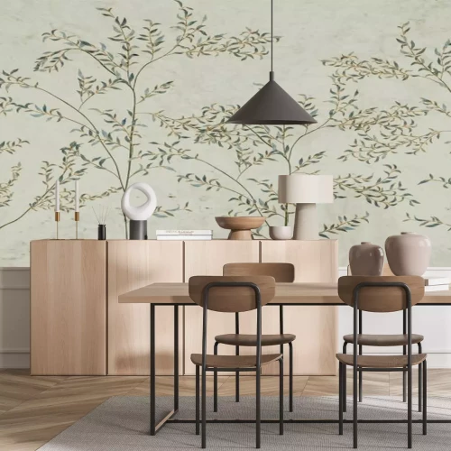 Fotobehang Minimalistische kunstachtergrond met handgetekende bomen in bos of tuin. Botanische banner in Scandinavische stijl voor behangontwerp, print, textiel, interieurontwerp, posters en verpakkingen.