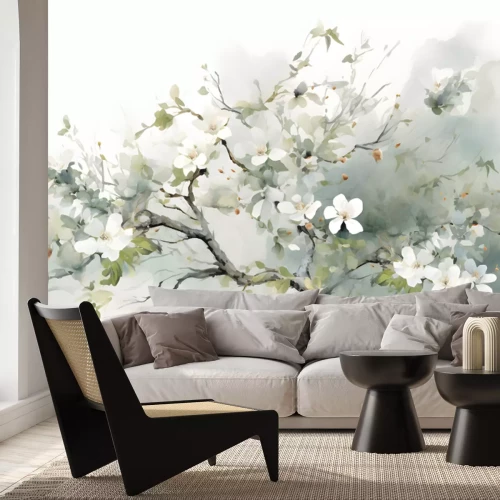 Fotobehang Witte kersenbloesems op een tak