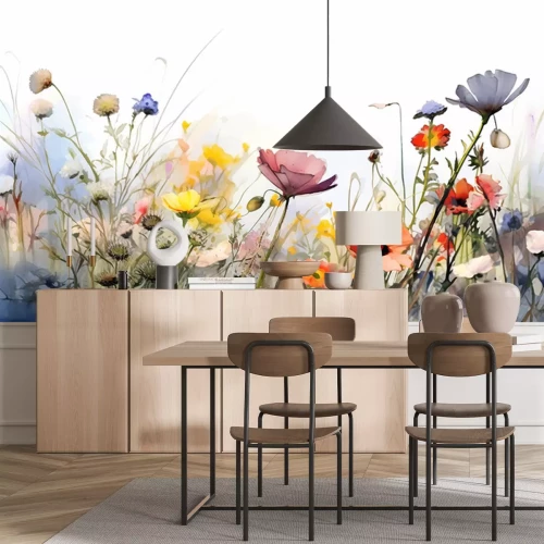 Fotobehang Multicolored wildflowers watercolor field drawing summer. generative ai