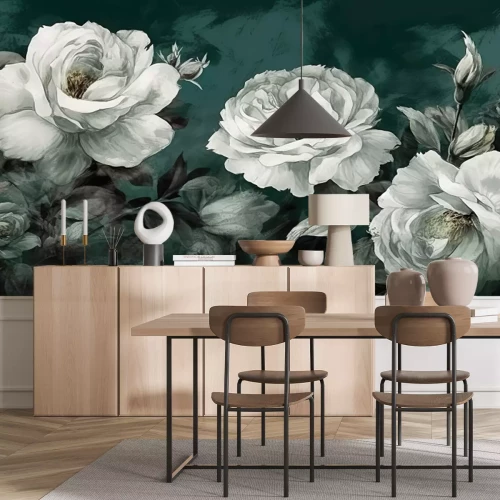 Fotobehang Witte rozen op een donkergroene achtergrond