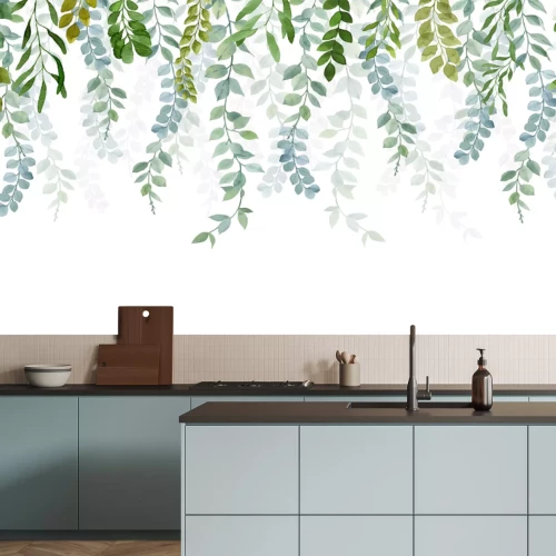 Fotobehang Groene plantentakken hangen van bovenaf op een witte achtergrond