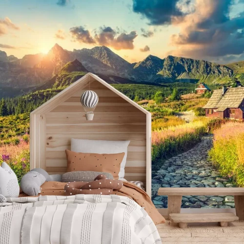 Fotobehang Zonsopgang boven het berglandschap van de Tatra