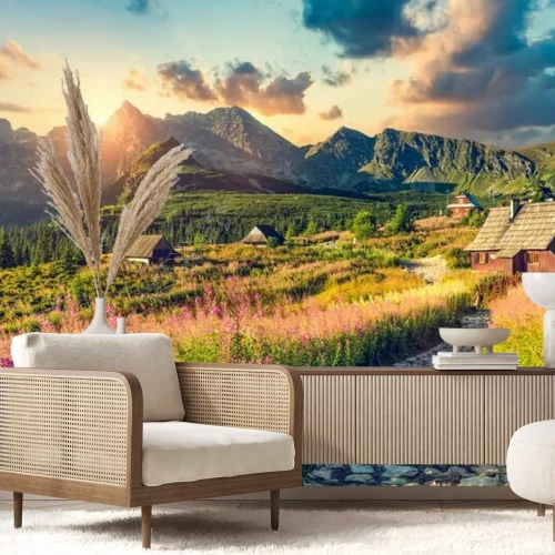 Fotobehang Zonsopgang boven het berglandschap van de Tatra