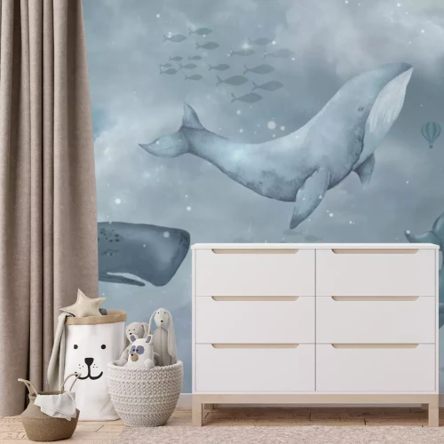 Fotobehang Walvissen en de sterrenhemel aquarelillustratie voor kinderen