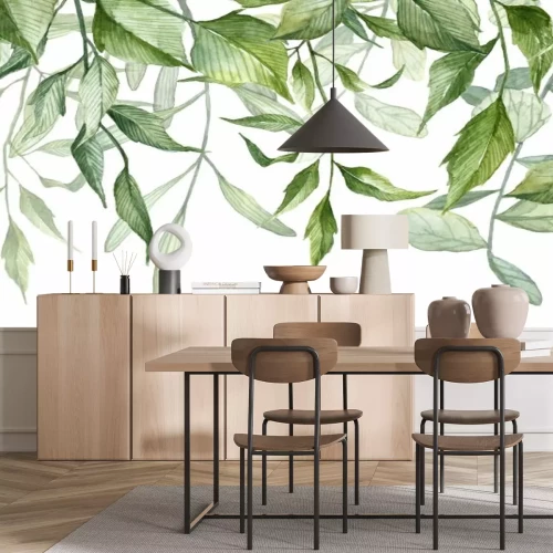 Fotobehang Aquarel groene bladeren op een witte achtergrond