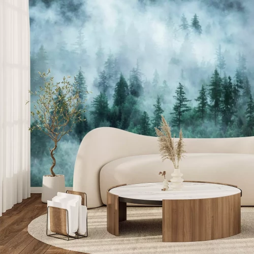 Fotobehang Naaldbos in dikke mist