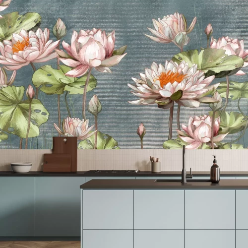 Fotobehang Waterlelies en groene bladeren