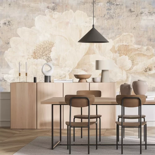 Fotobehang Grote pioenrozen op een betonnen muur