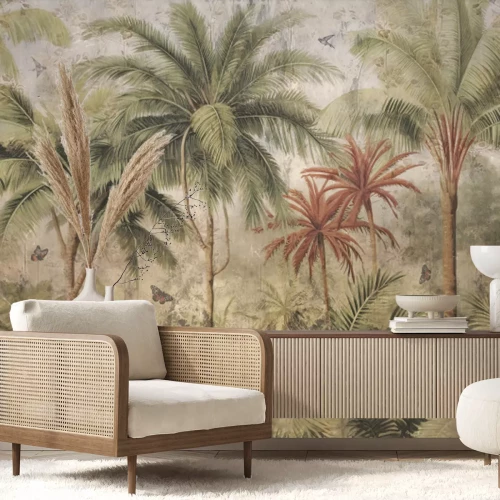 Fotobehang Vintage jungle met exotische bomen