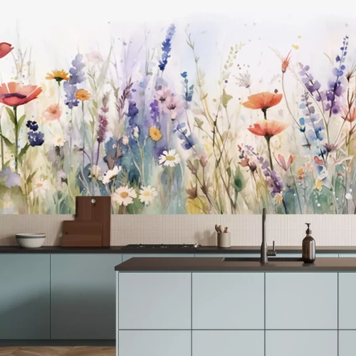 Fotobehang Watercolor pattern of a landscape of blossoms, flower, branches and butterflies with a sky background