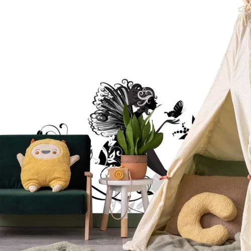 Sticker Fairy zittend op planten zwart-wit afbeeldingen