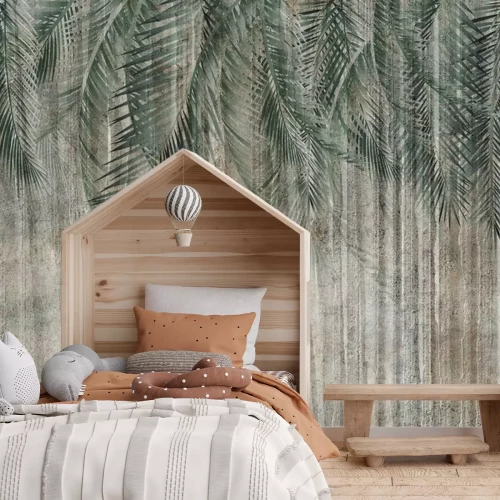 Fotobehang Tropische palmbladeren op beton