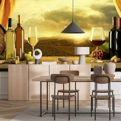 Fotobehang Rustieke tafel met druiven en glazen met uitzicht op een veld