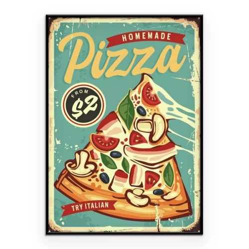 Poster Een afbeelding met een pizza en een bord in de stijl van een retro poster.