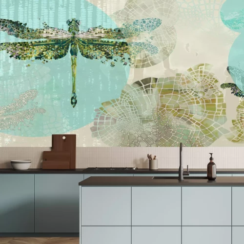 Fotobehang Vliegende libellen met aquarelaccenten abstract patroon