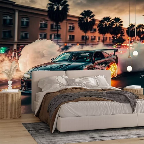 Fotobehang Sportauto op een straat in de stad