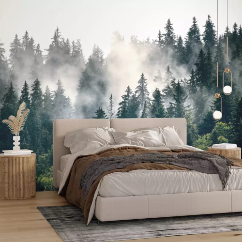 Fotobehang Mistig berglandschap tegen een heldere lucht