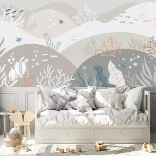 Fotobehang Pastel onderwaterlandschap met minimalistische illustratie van vissen