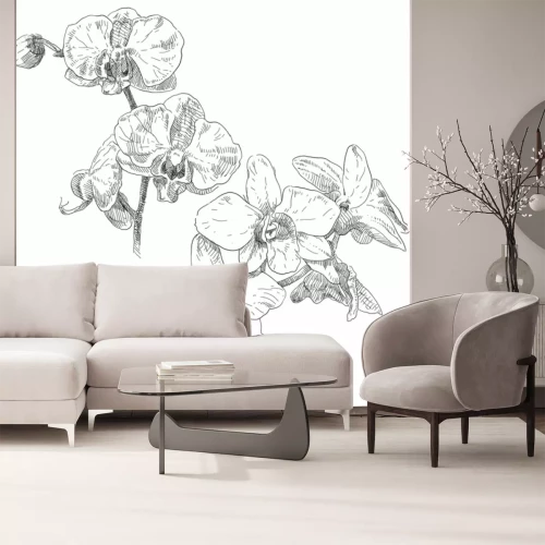 Sticker Orchideeëntakken met bloemen in schetsstijl