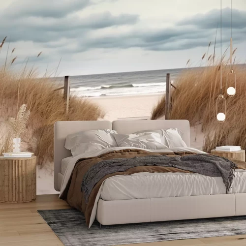 Fotobehang Beach access wooden pathway of a sea in sand dunes with ocean