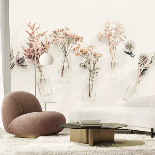 Fotobehang Wilde planten en bloemen in vazen op een witte achtergrond