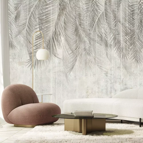 Fotobehang Tropische palmbladeren in tinten grijs en beige