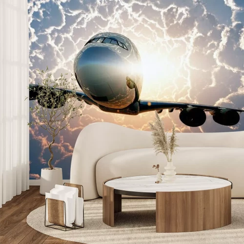 Fotobehang Een vliegtuig tegen een achtergrond van zonovergoten wolken