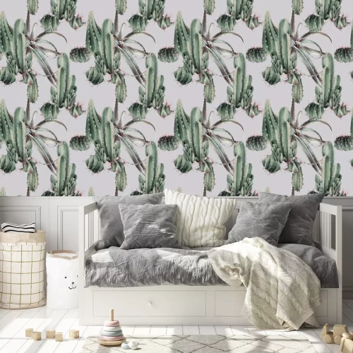 Behang Cactussen in aquarelstijl op een grijze achtergrond