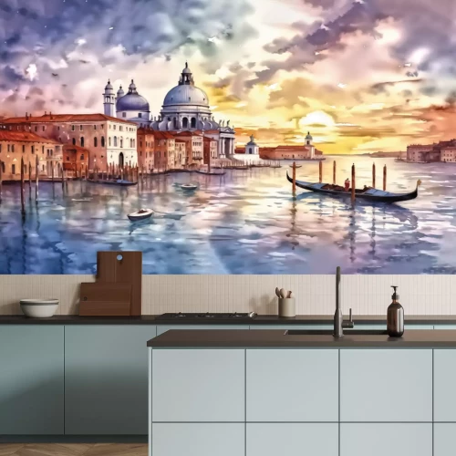Fotobehang Aquarel van Venetië tegen de achtergrond van een zonsondergang