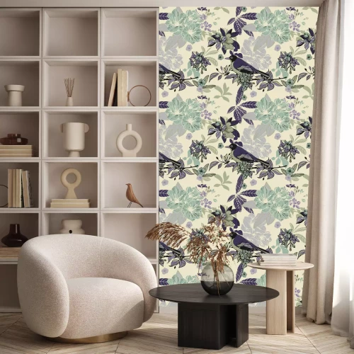 Behang Zijden bloemen en vogels naadloze patroon