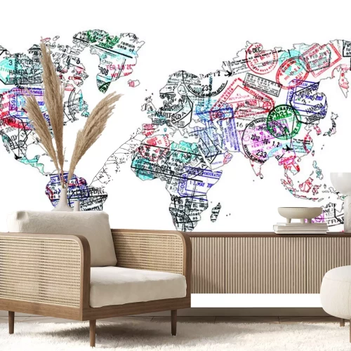 Sticker Carte du monde tampons de passeport, isole