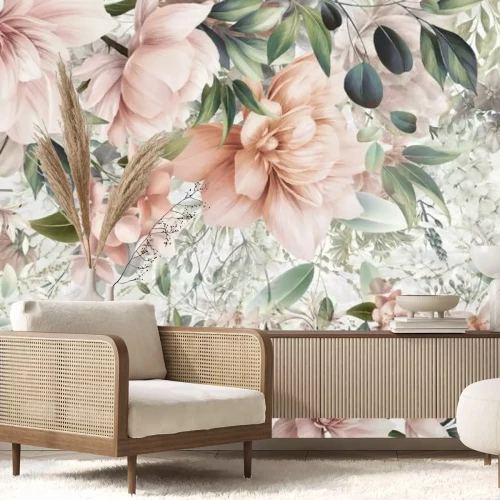 Fotobehang Roze bloemen tussen groene bladeren