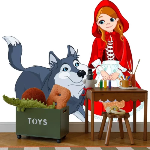 Sticker Roodkapje met een mand en een wolf