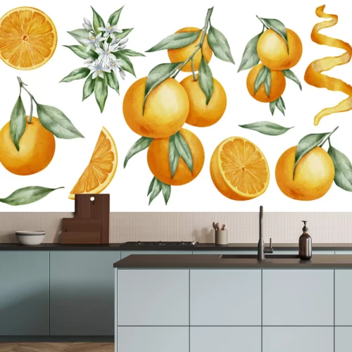 Sticker Orange Fruits set. Watercolor hand drawn illustration of tangerine branches with green leaves and slices of citrus Fruits on white isolated background. Bundle of mandarins for food label or menu.