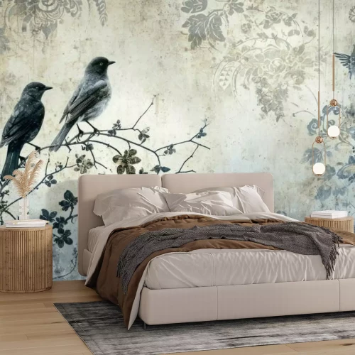 Fotobehang Vogels zitten op takken met ornamenten op een betonnen achtergrond