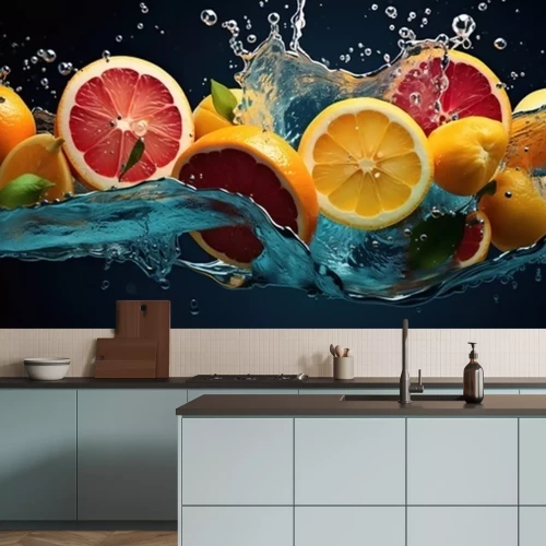 Sticker Fresh citrus fruits, water splash on blue background.