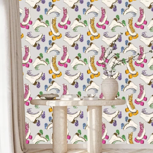 Behang Kleurrijke retro rolschaatsen op grijze achtergrond