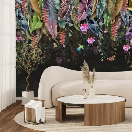 Fotobehang Tropische bananenbladeren met bloemen en vlinders