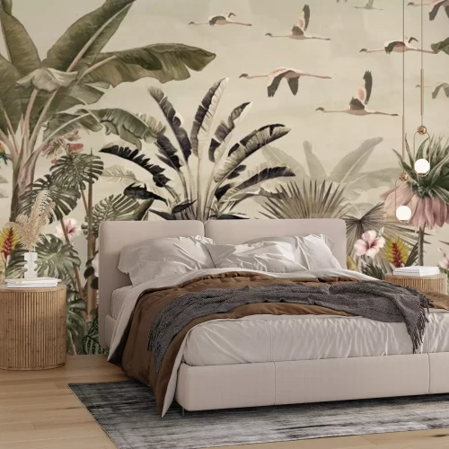 Fotobehang Tropische landschapsplanten en exotische vogels