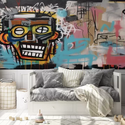 Fotobehang Graffiti met een gezicht op een oude muur