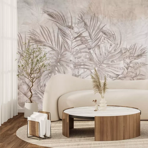 Fotobehang Tropische bladeren in beige kleuren monochroom patroon