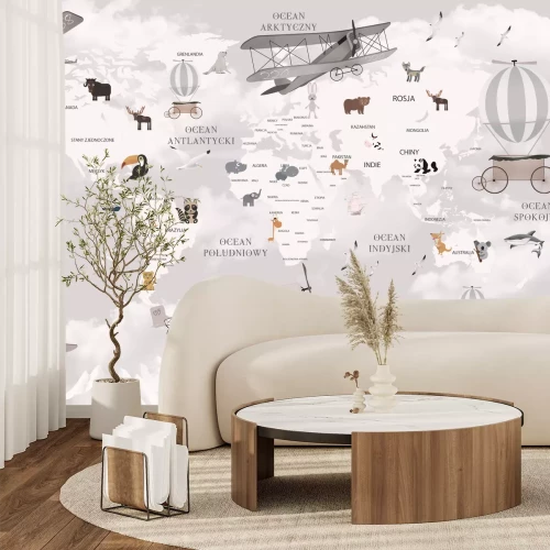Fotobehang Wereldkaart met dieren en vliegtuigen voor kinderen