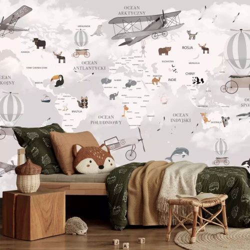 Fotobehang Wereldkaart met dieren en vliegtuigen voor kinderen